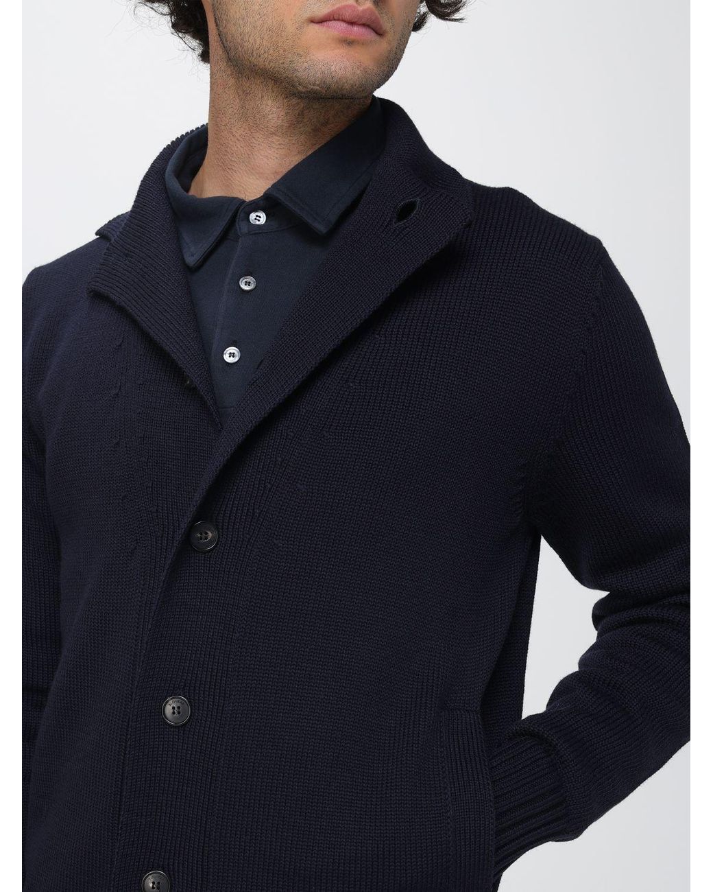 Zanone Blue Button-Up Merino Wool Cardigan With Slit Pockets And Ribbed Hems for men