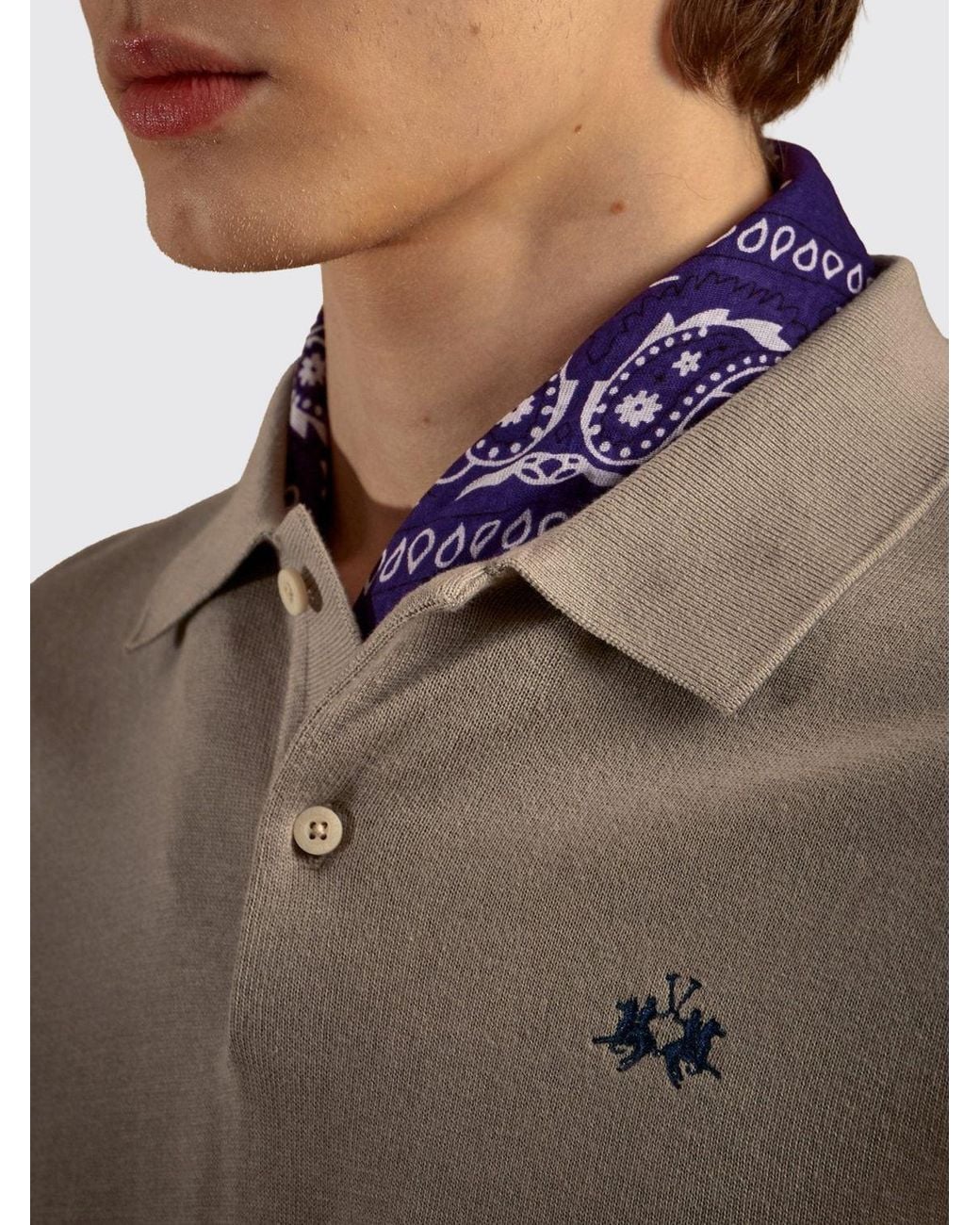 La Martina Brown Long-Sleeved Cotton Knit Polo With Embroidered Logo for men