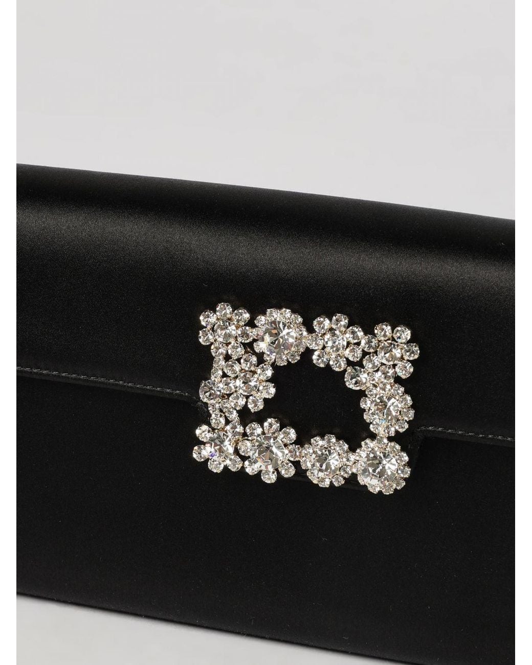 Roger Vivier Black Flower Satin Clutch With Crystals And Metal Mesh Strap