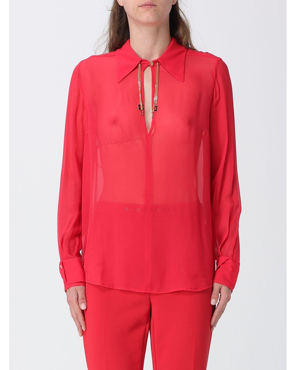 Elisabetta Franchi Red Sheer Georgette Shirt With Jewel Collar