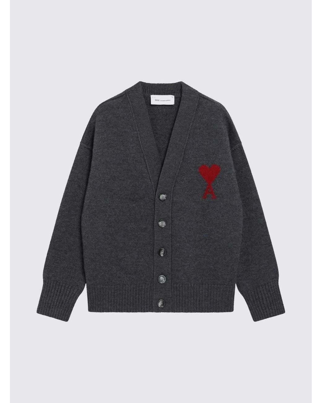 AMI Gray V-Neck Pure Wool Cardigan With Contrast Logo for men