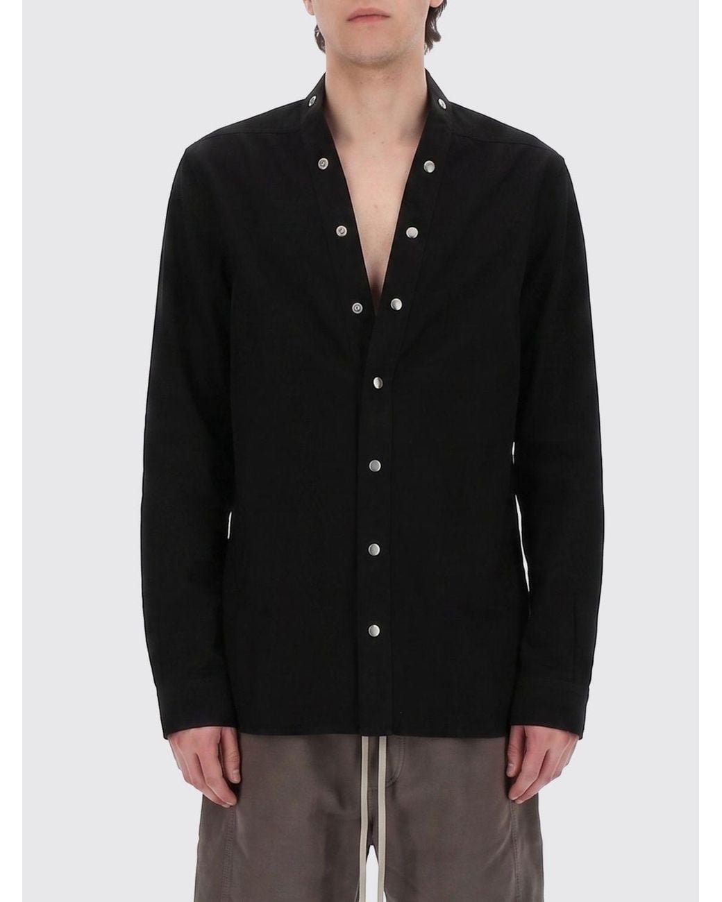 Rick Owens Black Long-Sleeved V-Neck Cotton Shirt With Button Closure for men