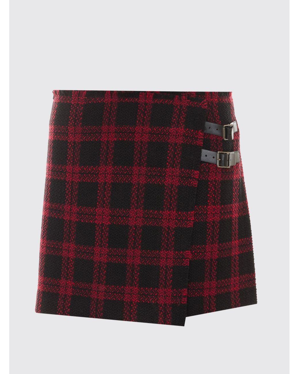 Pinko Red Check Pattern Wool Blend Wrap Mini Skirt