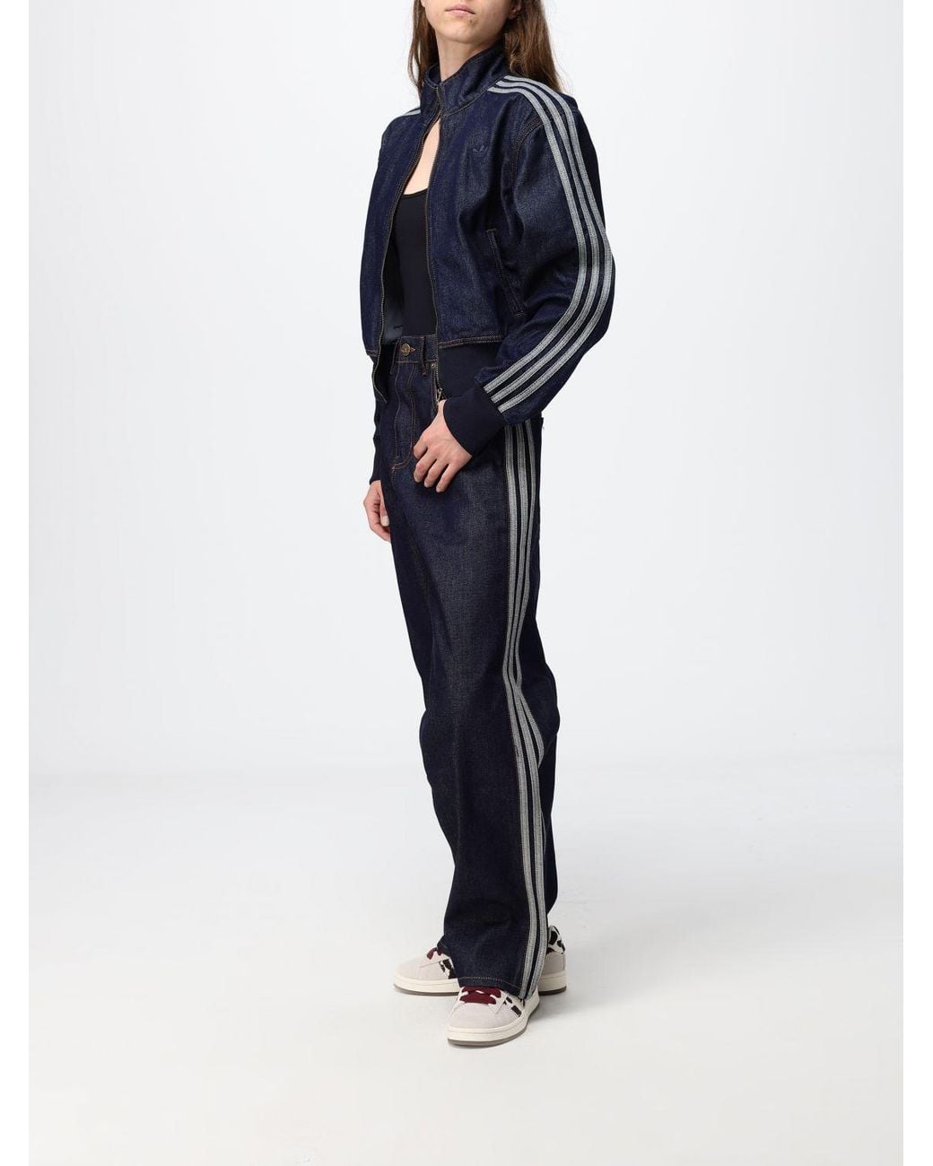 Adidas Originals Blue High-Waisted Wide-Leg Denim Jeans With 3-Stripes Logo
