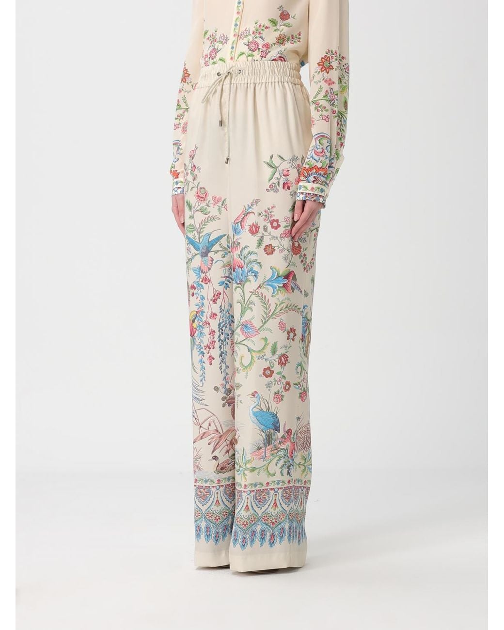 Etro White Floral Silk Trousers