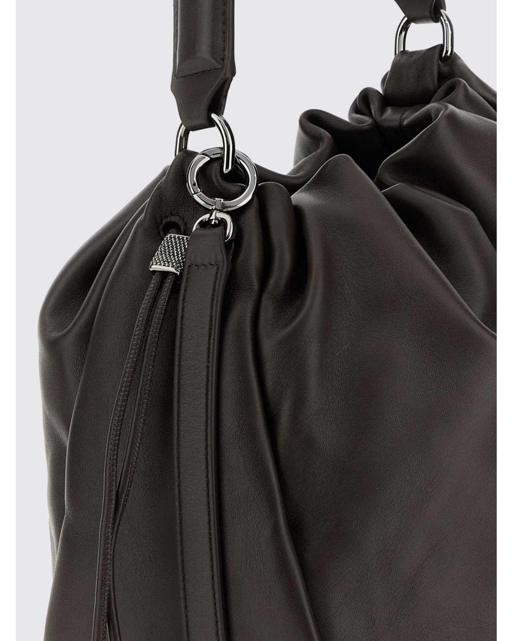 Brunello Cucinelli Black Mellow Smooth Leather Bucket Bag With Monili Embellishment
