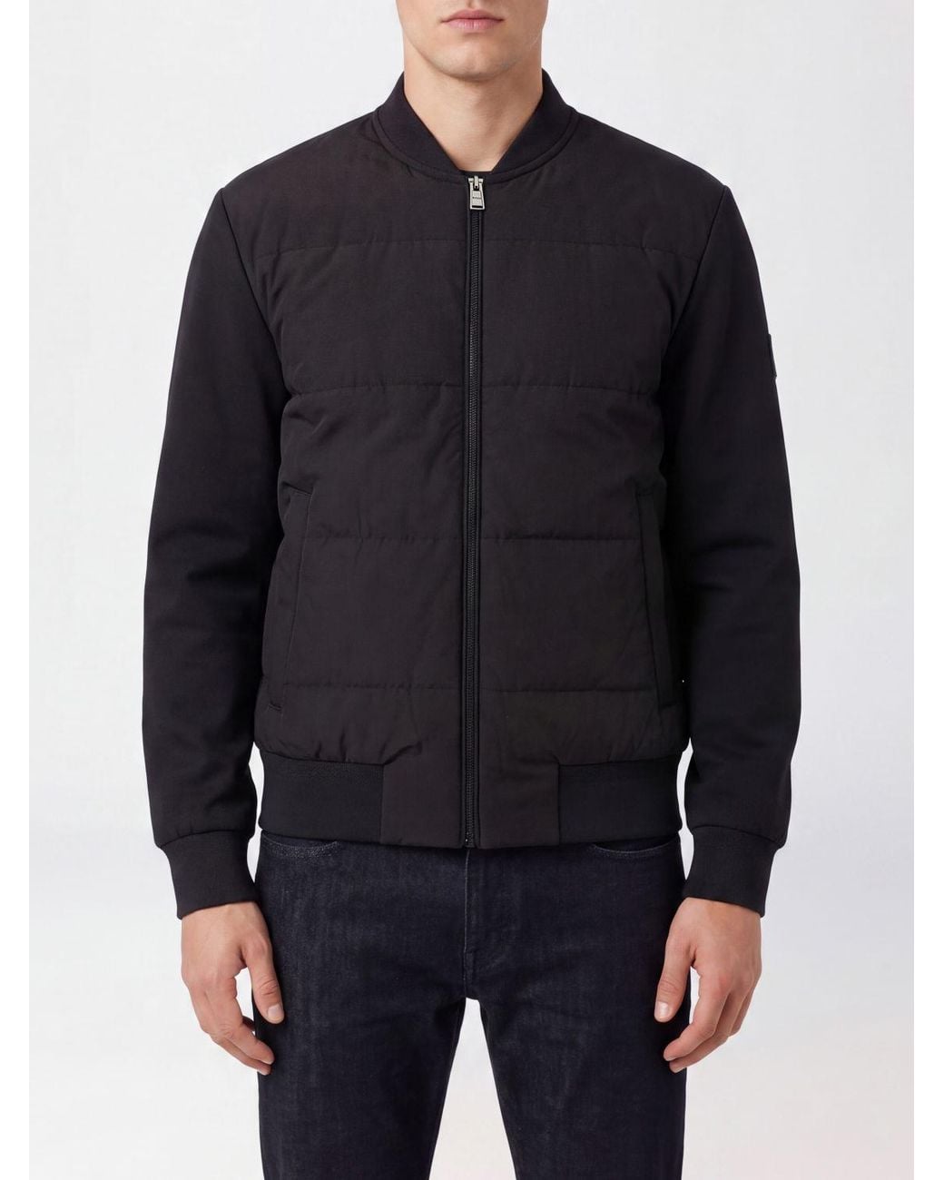 Boss Blue Quilted Cotton Blend Bomber Jacket With Zip Closure for men