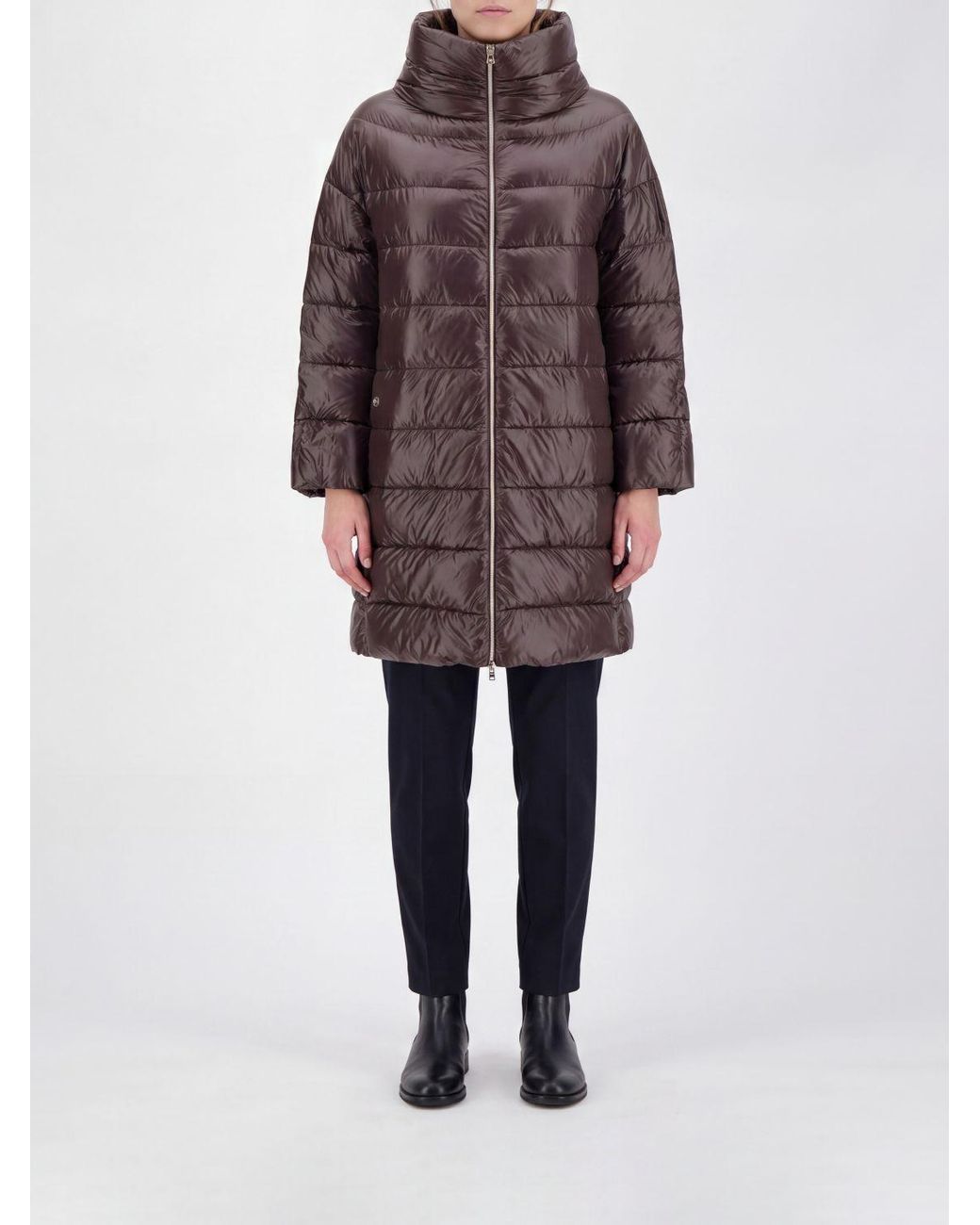 Herno Brown Long Quilted Nylon Puffer Coat With High Neck And Down Padding