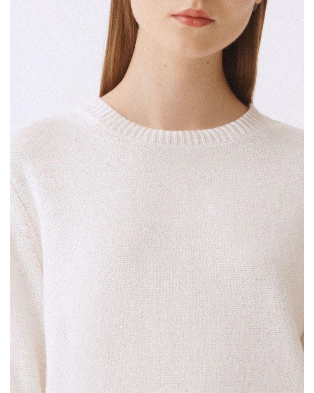 Fabiana Filippi White Cotton Crew Neck Sweater With Sequins