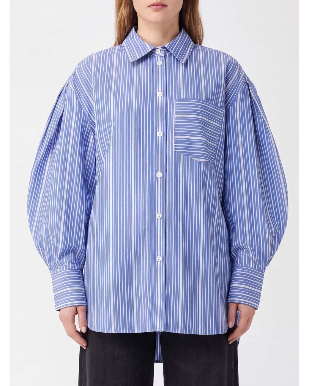 Ganni Blue Striped Cotton Shirt With Balloon Sleeves And Classic Collar