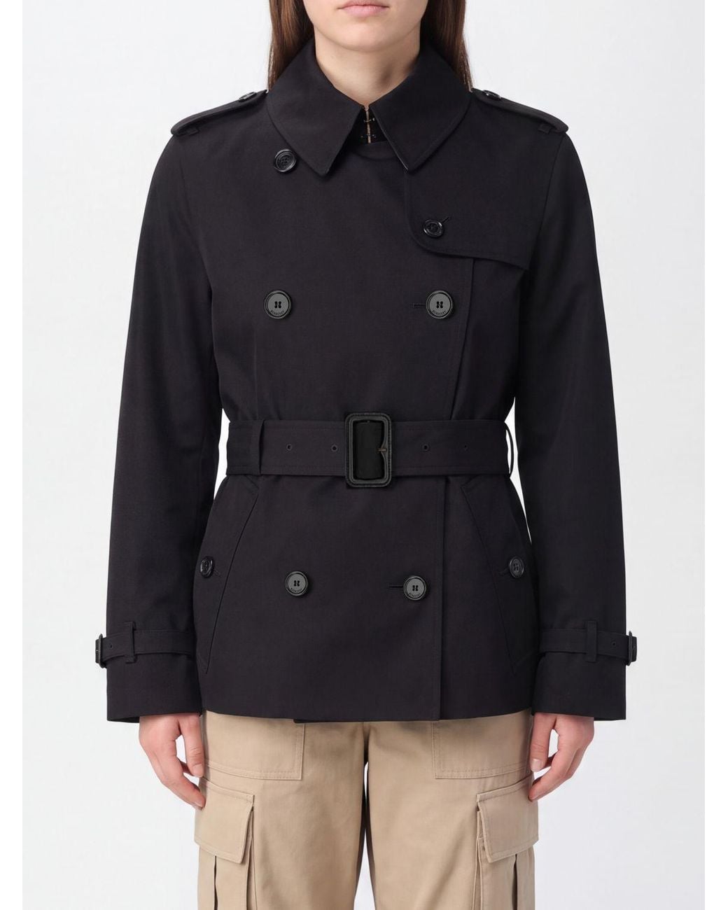 Burberry Black Double-Breasted Cotton Short Trench Coat With Check Lining
