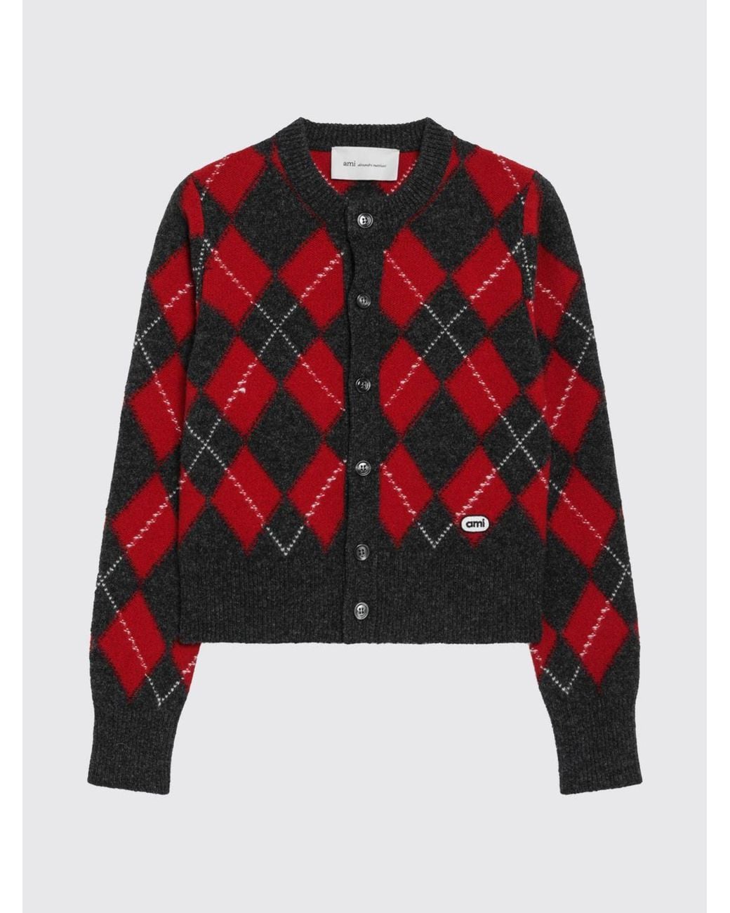 AMI Red Argyle Pure Virgin Wool Crew Neck Cardigan