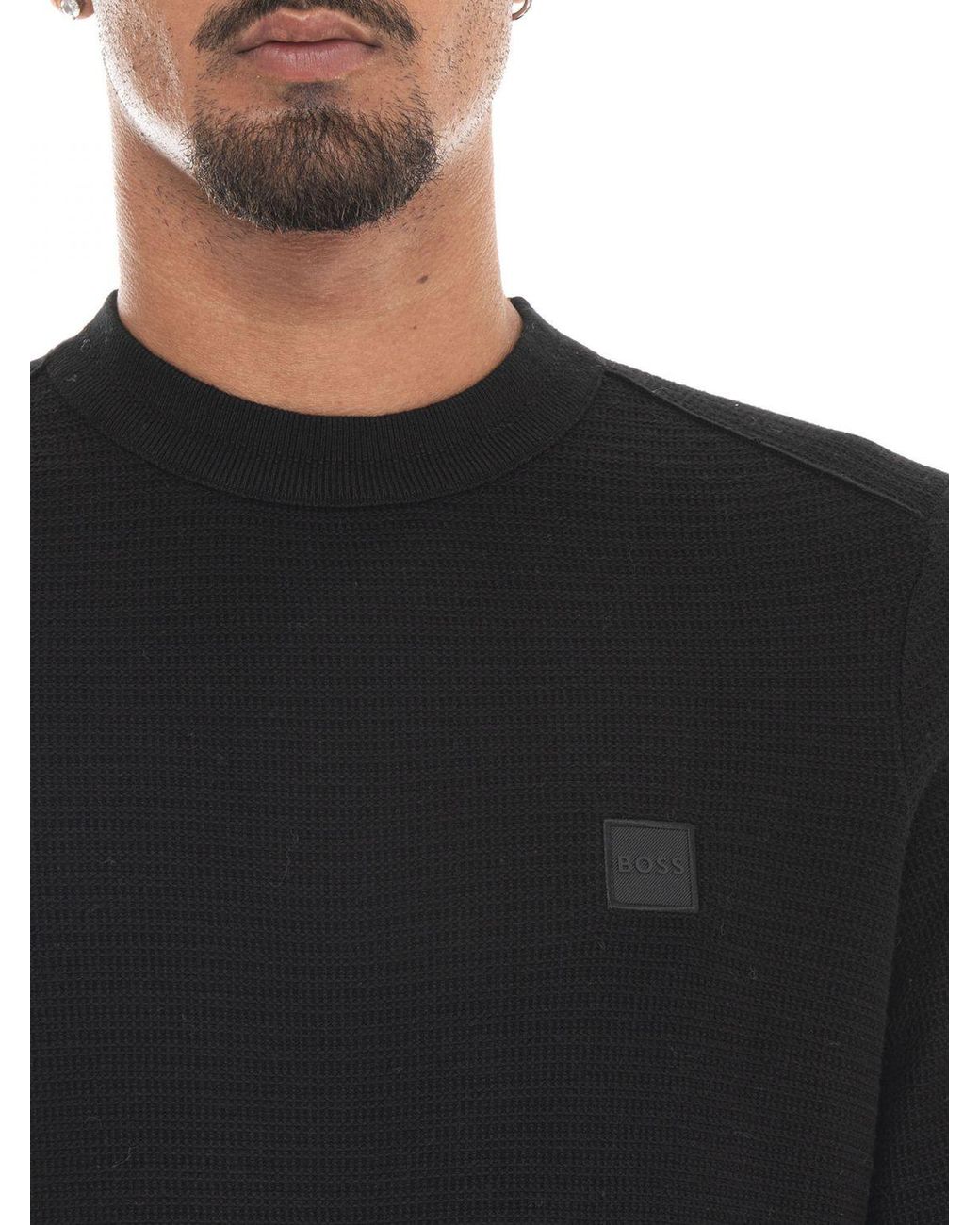 Boss Black Cotton And Cashmere Crewneck Jumper With Tone-On-Tone Logo for men