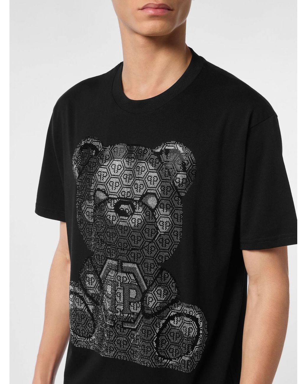 Philipp Plein Black Cotton T-Shirt With Teddy Bear Print And Hexagon Logo for men