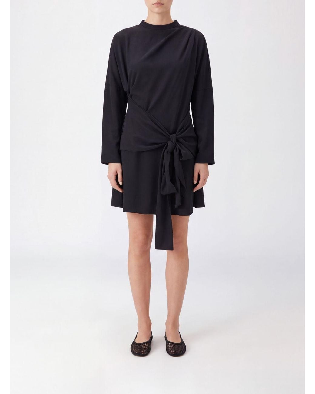 Ganni Black Long-Sleeved Recycled Jersey Mini Dress With Tie Waist