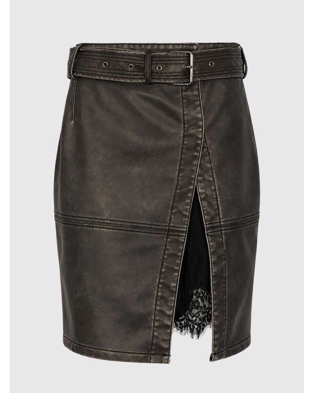 Pinko Black Faux Leather Pencil Midi Skirt With Slit And Belted Waist