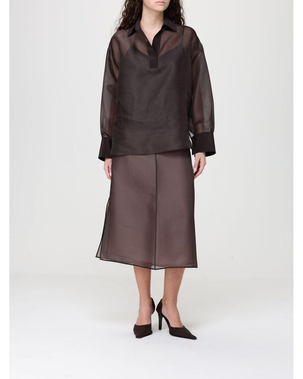 Agnona Brown Silk Midi Skirt