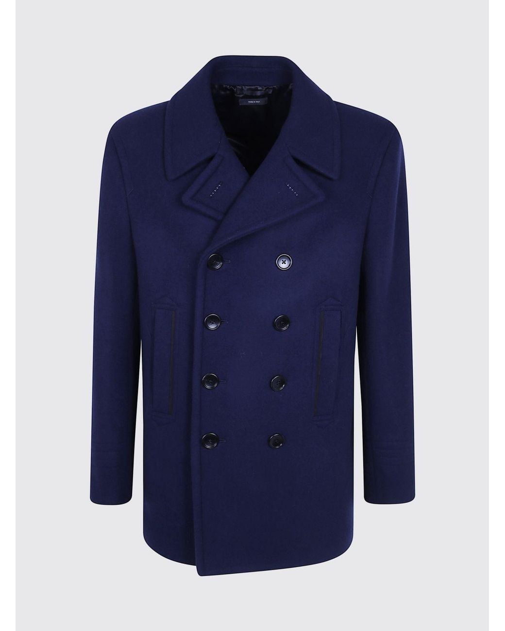 Tom Ford Blue Double-Breasted Pure Wool Pea Coat With Notch Lapels for men