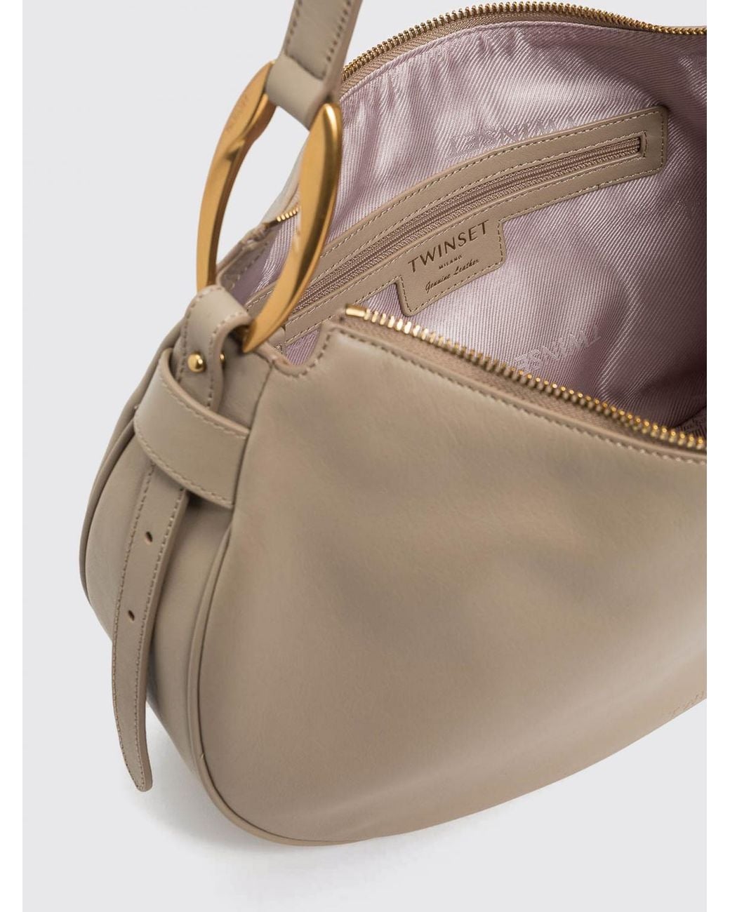 Twinset Natural Smooth Leather Hobo Bag With Zip Closure And Embossed Logo