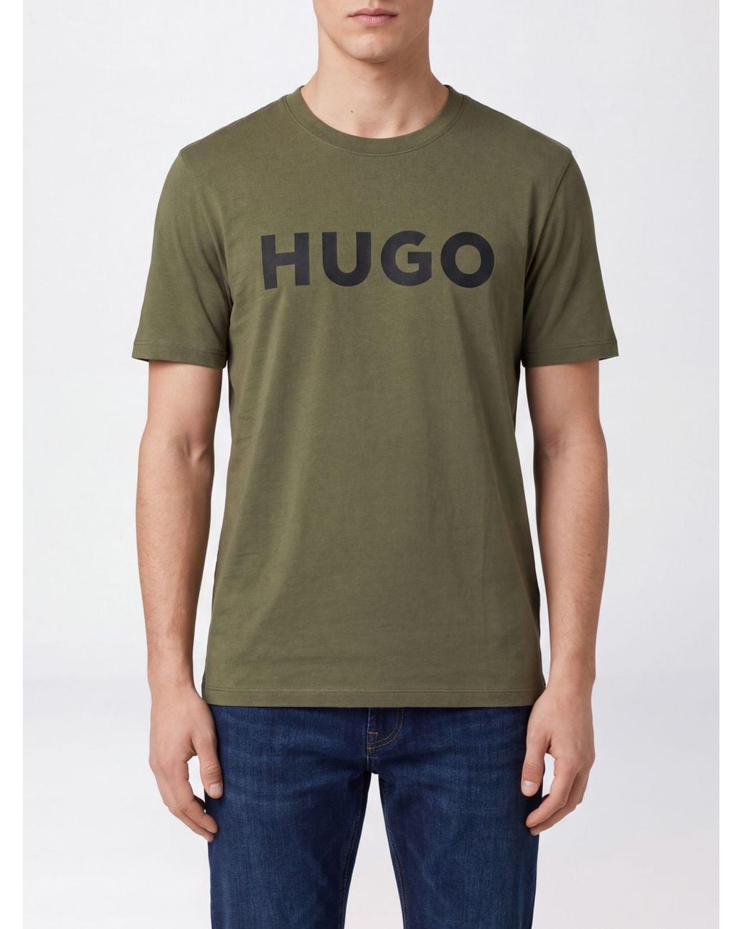 HUGO Green Crewneck Cotton T-Shirt With Contrasting Logo for men