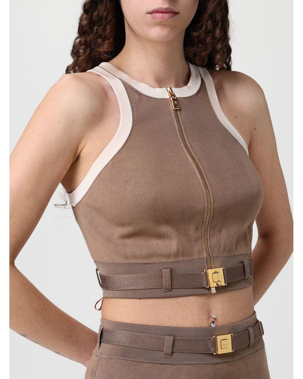 Elisabetta Franchi Brown Viscose Crop Top With Zip