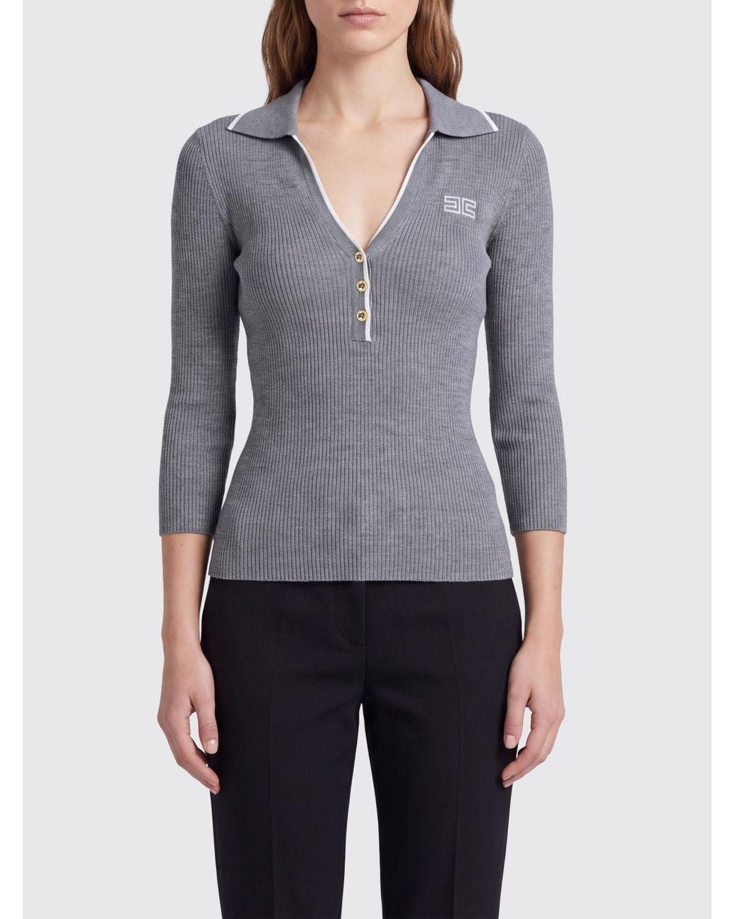 Elisabetta Franchi Blue Slim Fit Long-Sleeved Ribbed Knitted Polo Shirt