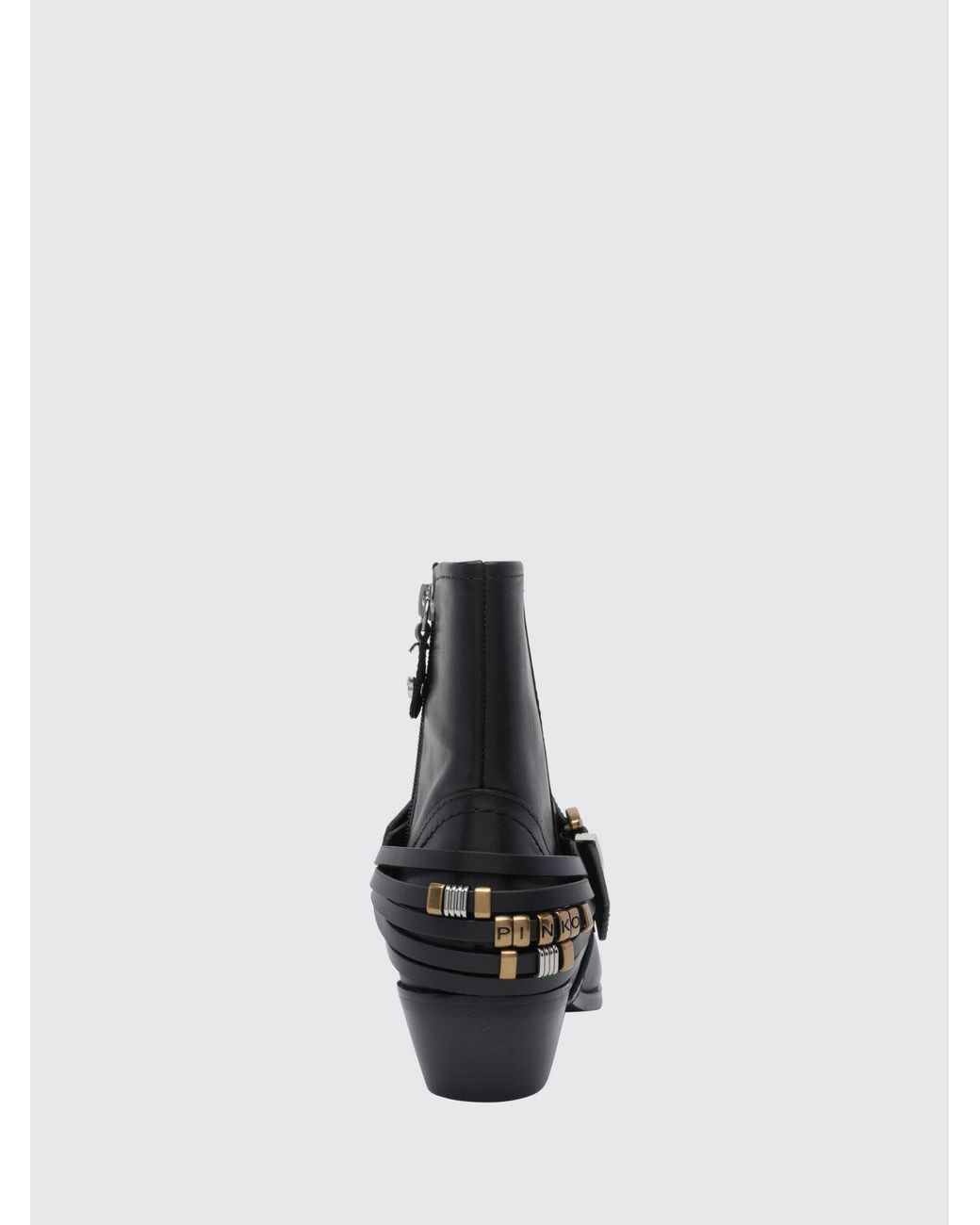 Pinko Black Low-Shaft Smooth Leather Western Boots With Embroidery And Pointed Toe