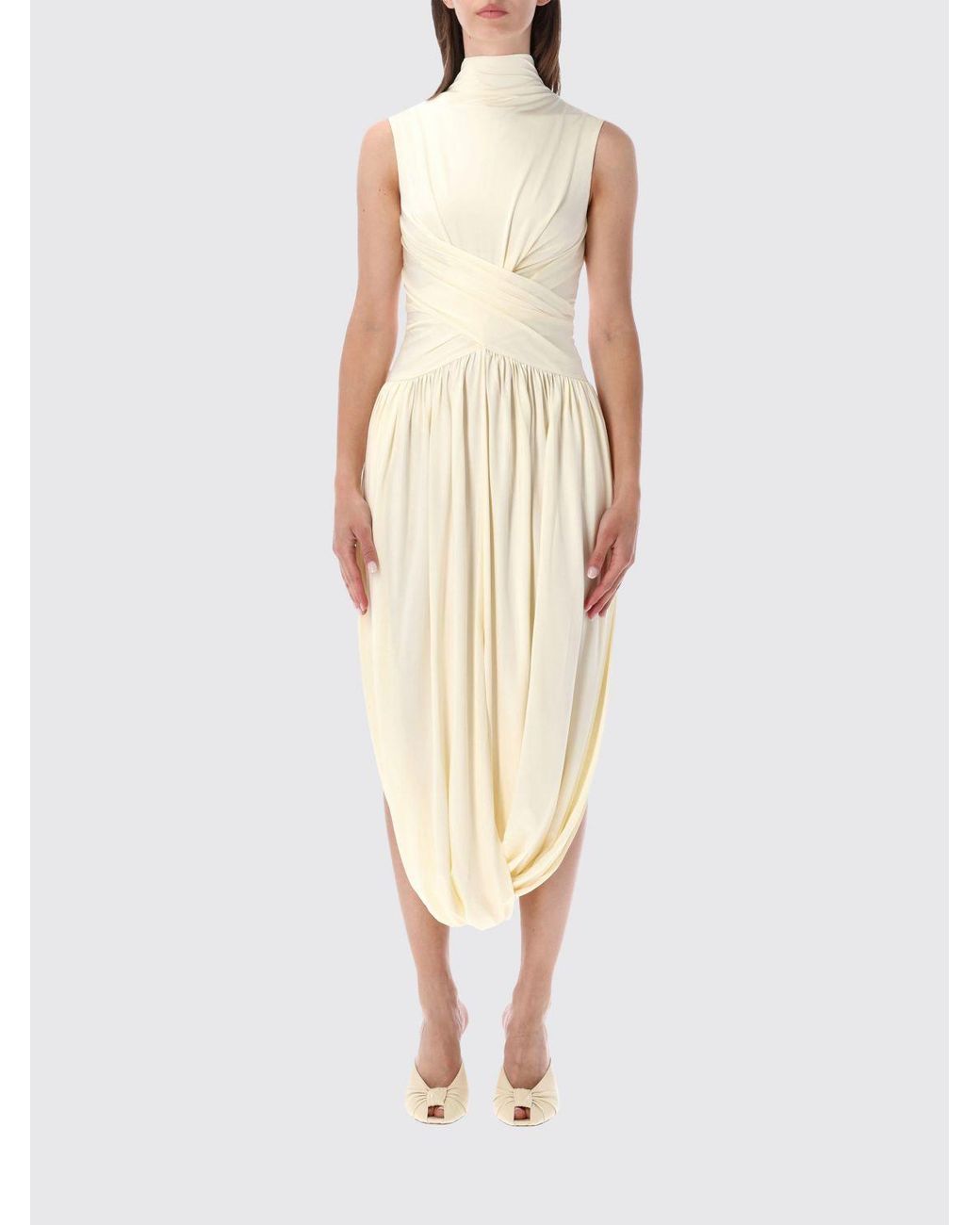 Self-Portrait White Asymmetrical Draped Stretch-Viscose Midi Dress