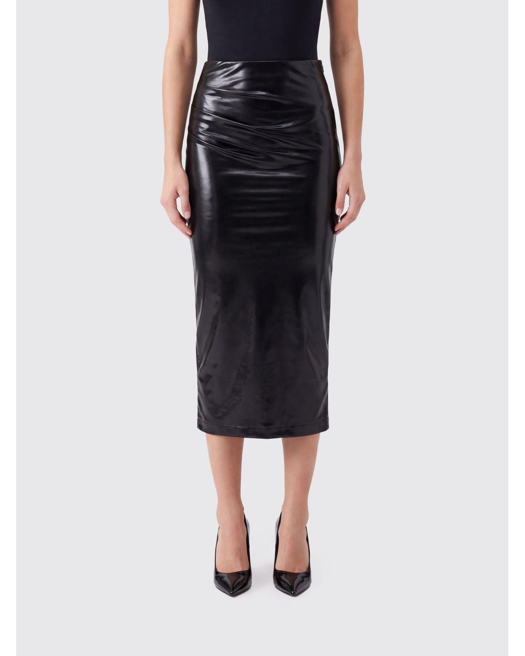 Patrizia Pepe Black High-Waisted Draped Patent Pencil Midi Skirt