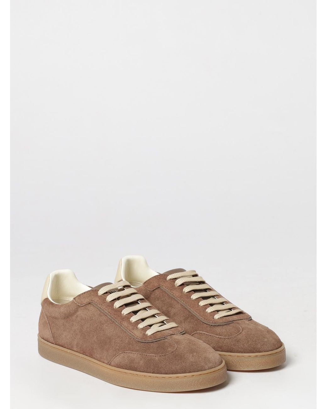 Brunello Cucinelli Brown Low-Top Suede Calfskin Sneakers With Laminated Logo for men