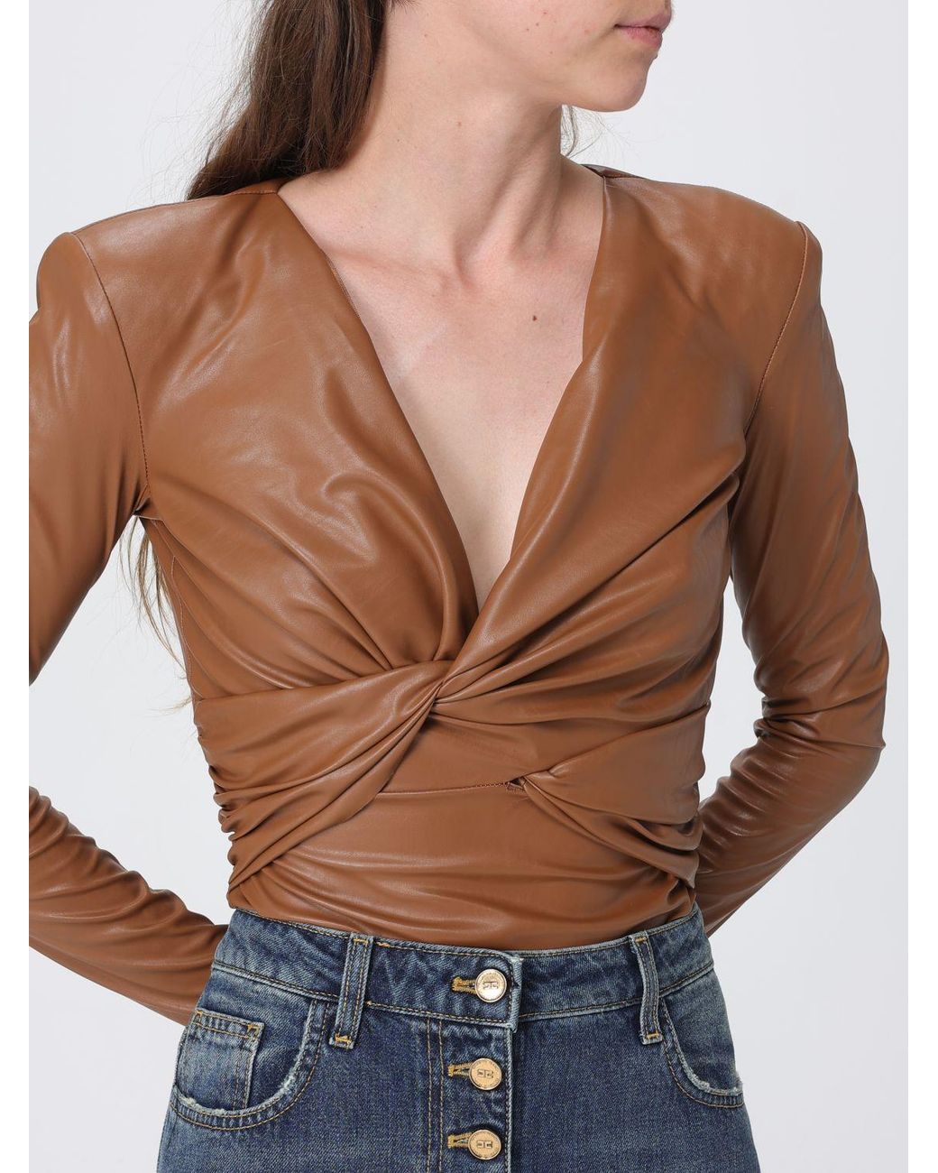 Elisabetta Franchi Blue Long-Sleeved Draped Faux Leather Evening Top