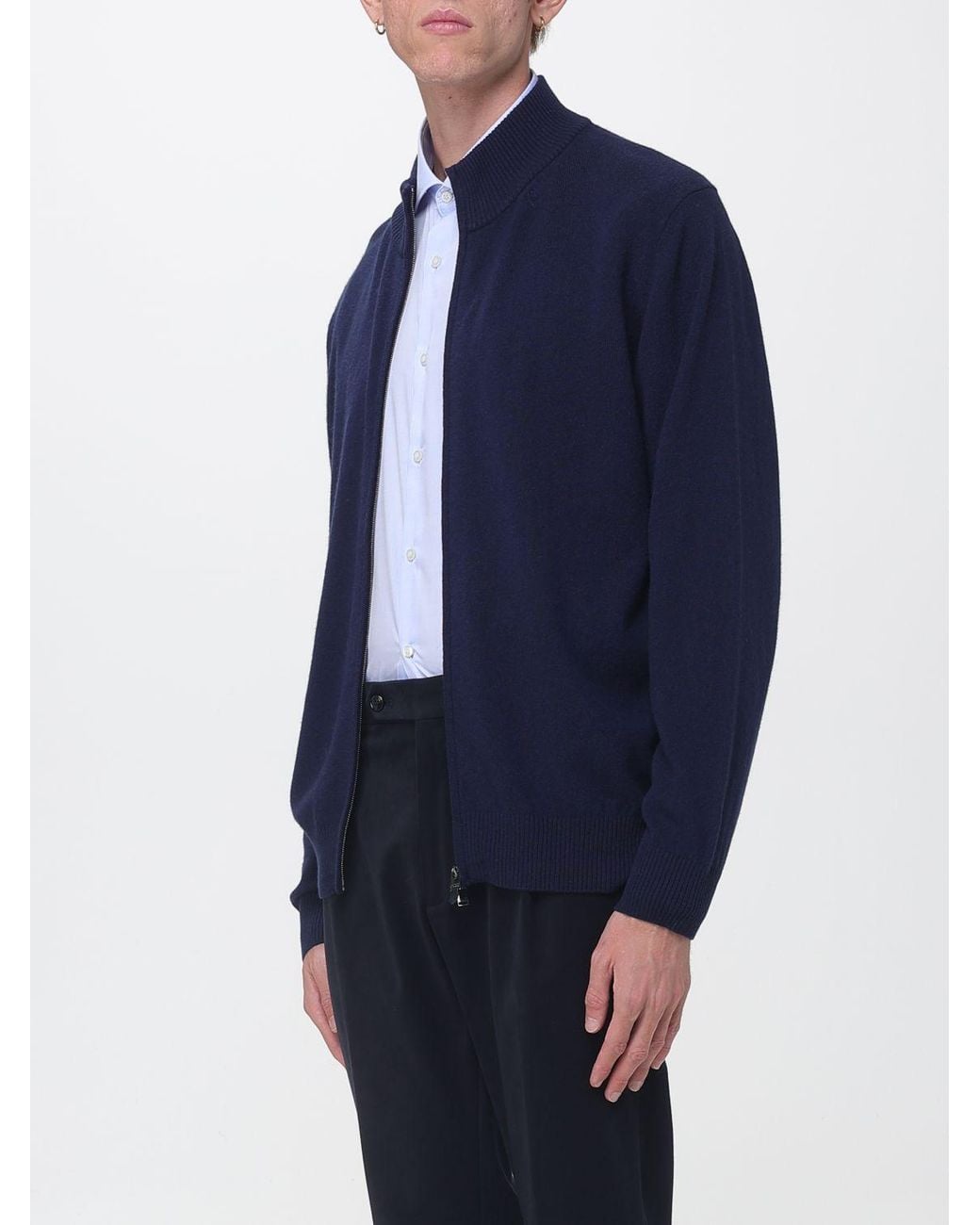 Canali Blue Wool And Cashmere Blend Mock Neck Zip-Up Cardigan for men
