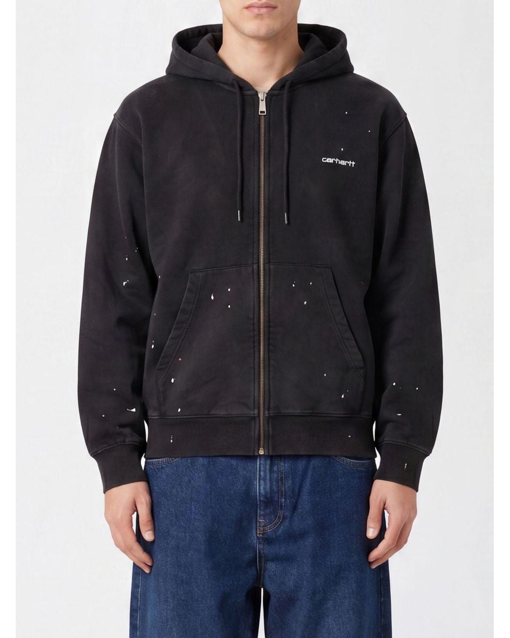 Carhartt Black Cotton Zip-Up Hoodie With Contrast Logo for men