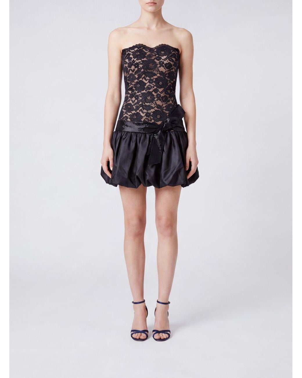 Self-Portrait Black Off-The-Shoulder Lace And Taffeta Balloon Mini Dress