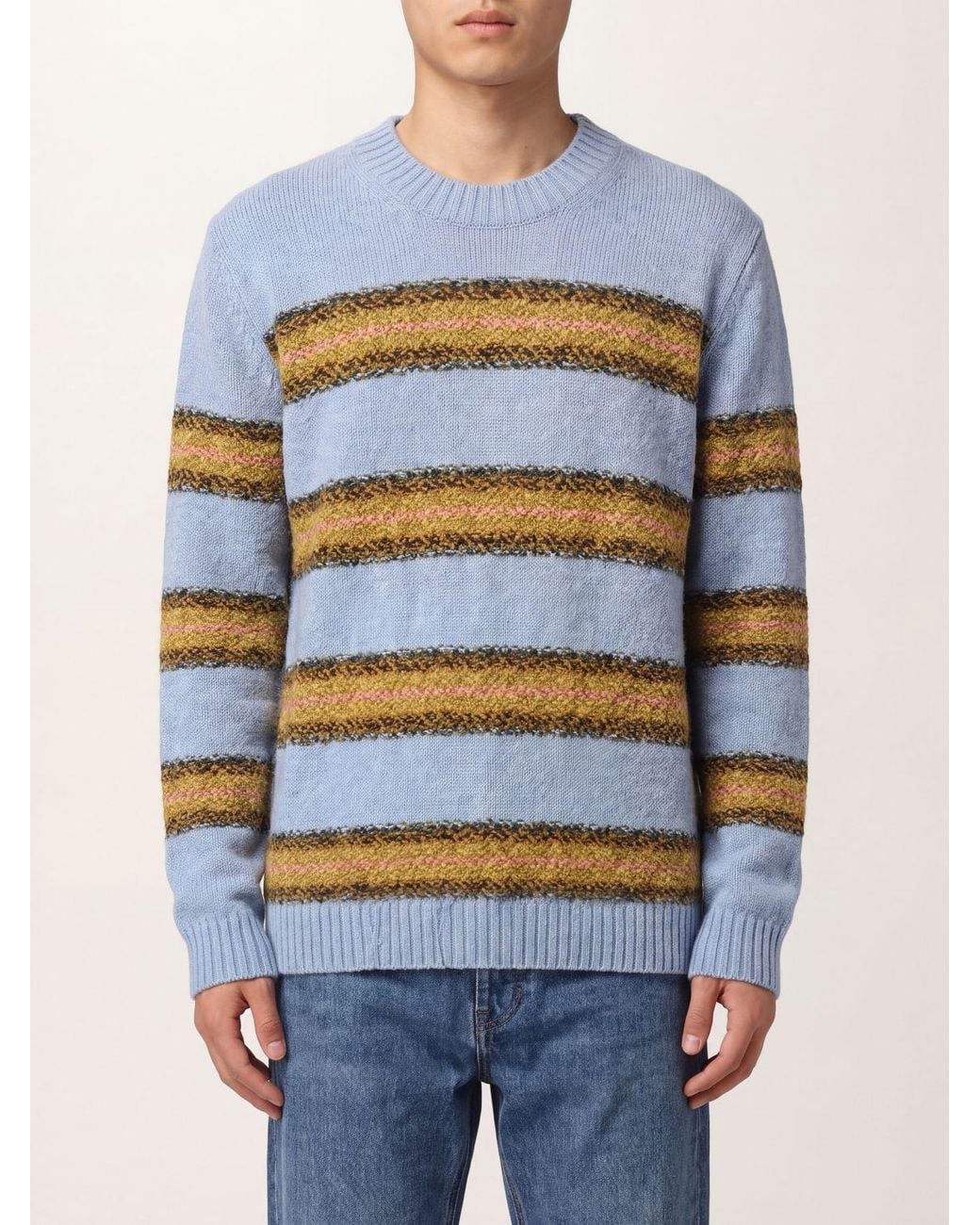 Dries Van Noten Blue Multicolour Striped Wool Crewneck Jumper for men