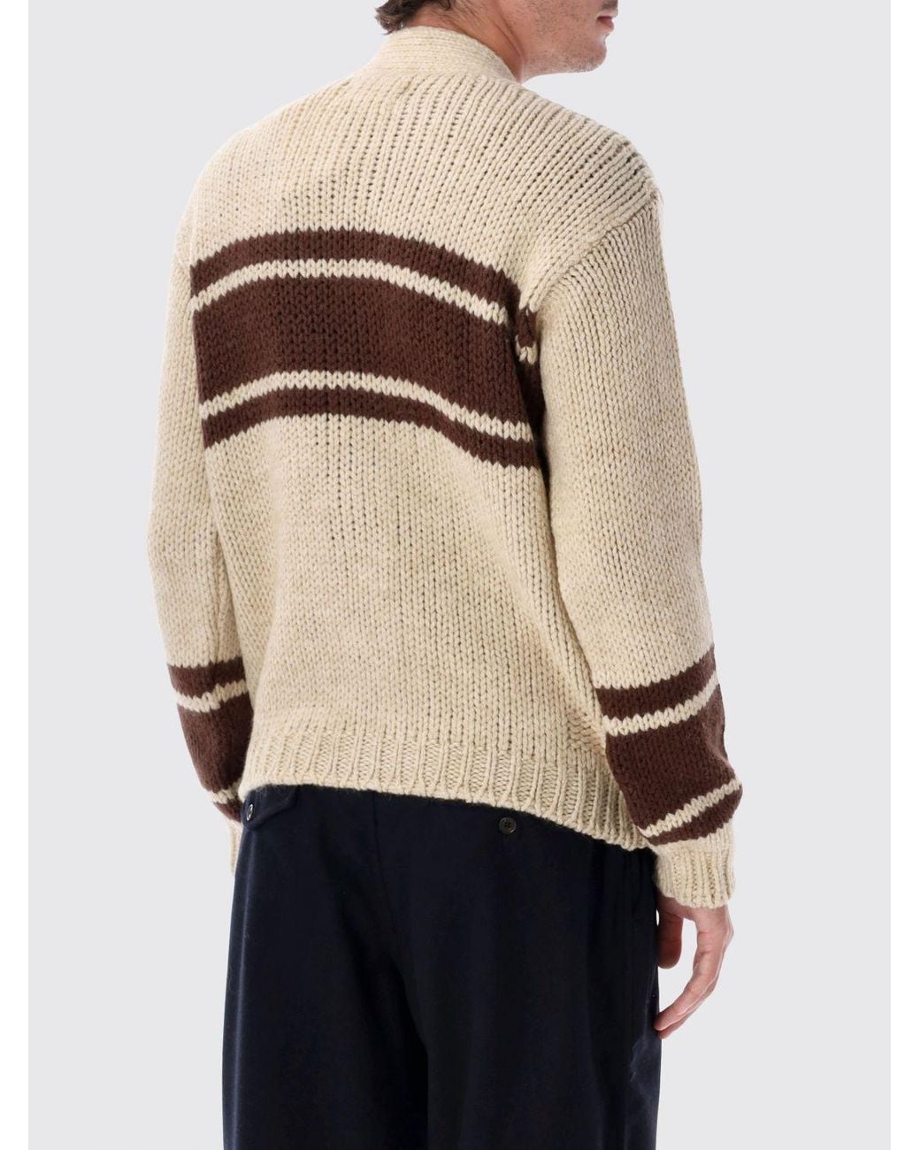 Universal Works Natural Relaxed Fit Striped Wool V-Neck Cardigan for men