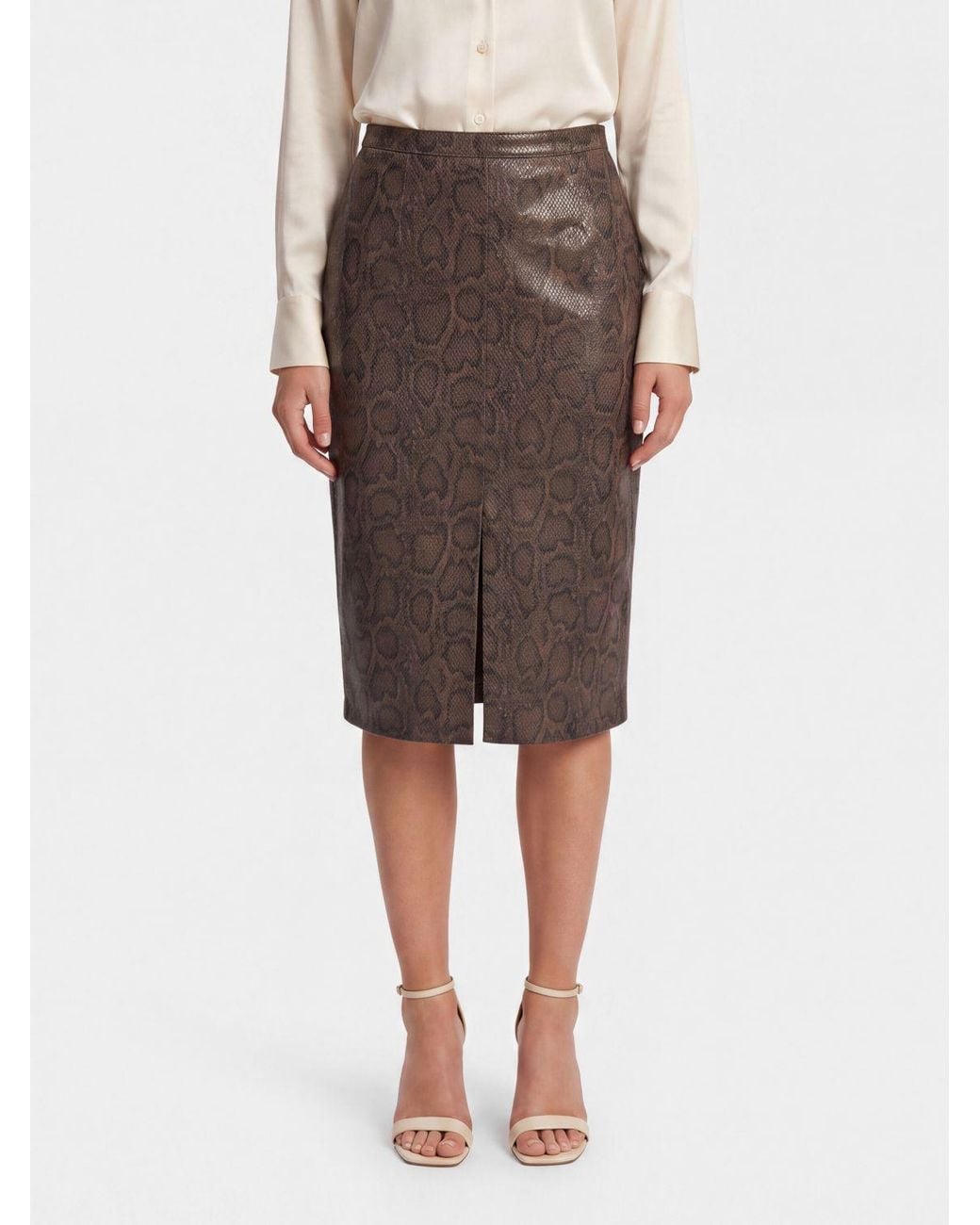 Twinset Brown Slim Fit Python Print Faux Leather Midi Pencil Skirt