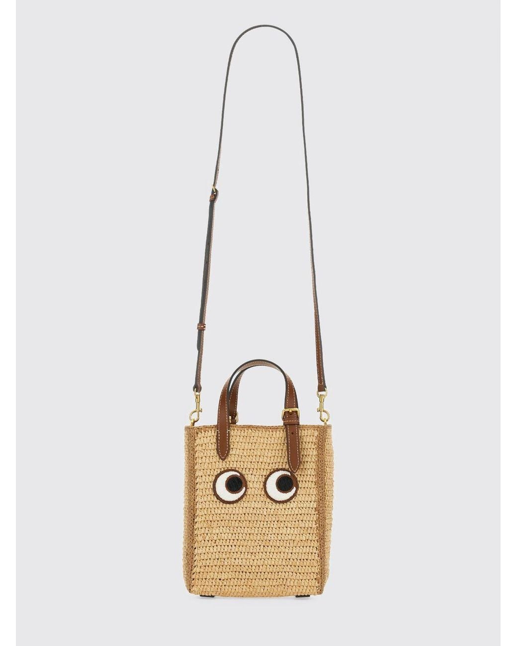 Anya Hindmarch Natural Eyes Raffia Mini Handbag With Graphic Print And Double Handle
