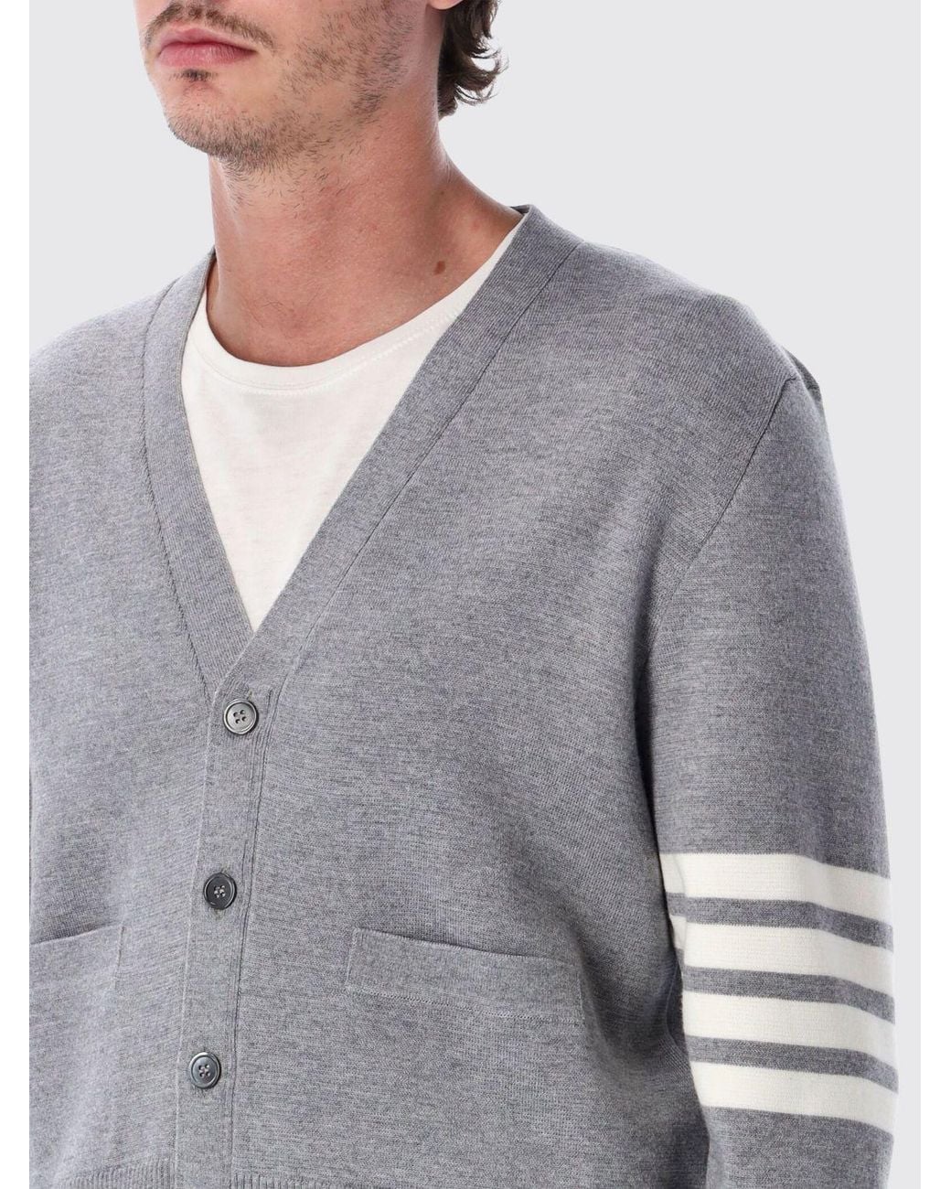 Thom Browne Gray 4-Bar V-Neck Virgin Wool Cardigan for men