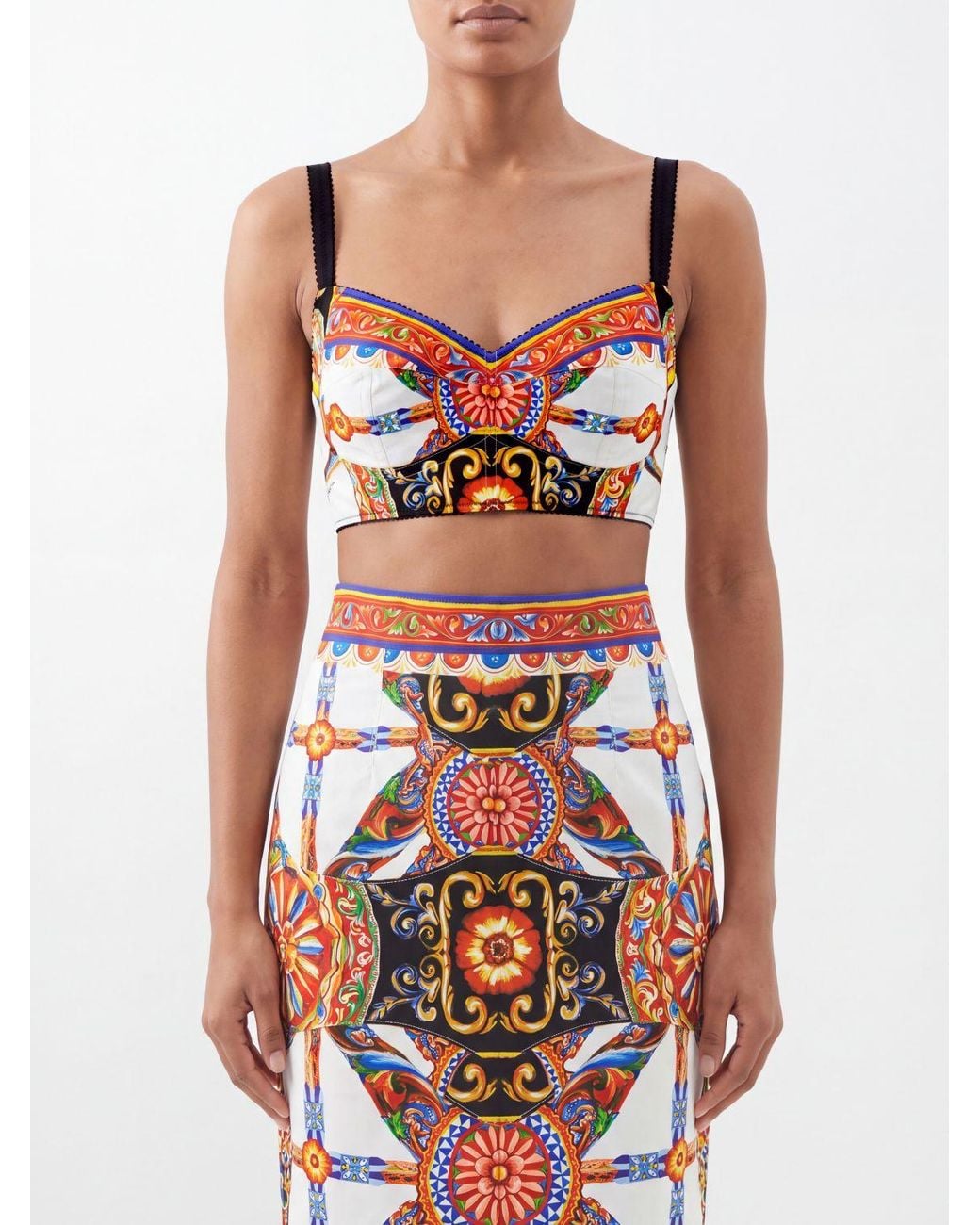Dolce & Gabbana White Dolce &Amp Gabbana Cropped Cotton-Blend Bustier With Carretto Siciliano Print
