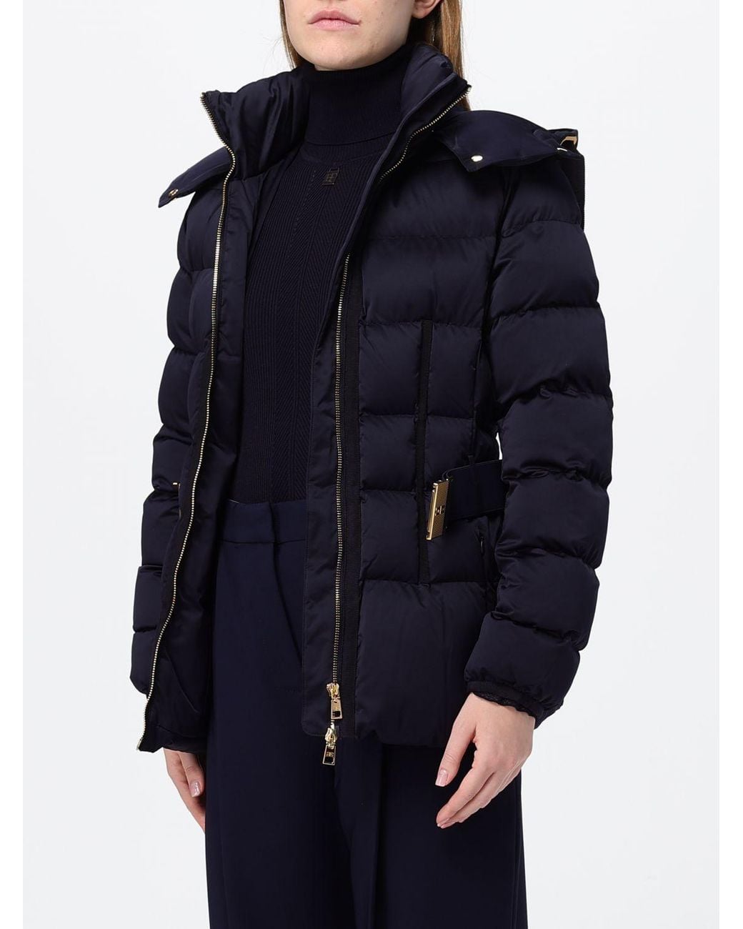 Elisabetta Franchi Blue Short Quilted Puffer Jacket With Removable Hood And Belt