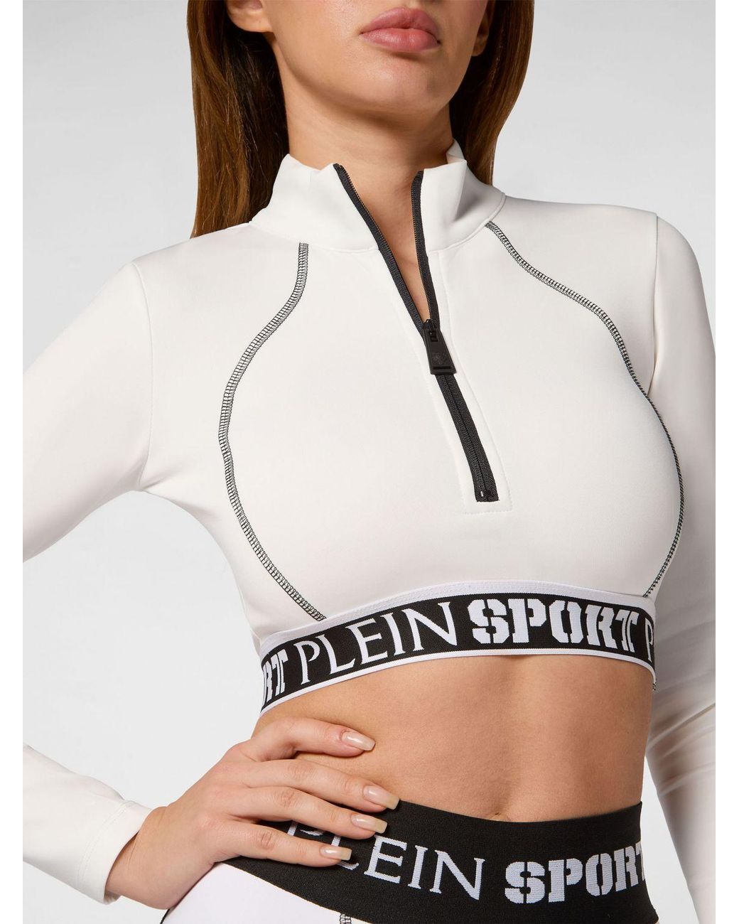 Philipp Plein White Long-Sleeved Cropped Top With High Neck And Zip