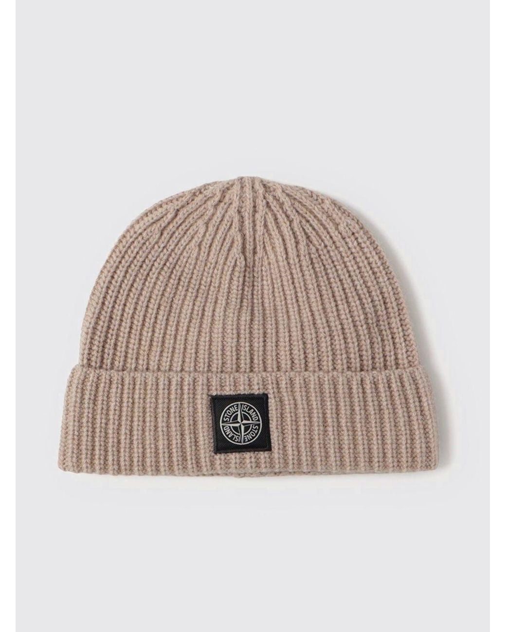 Stone Island Natural Ribbed Virgin Wool Beanie Hat With Compass Logo for men