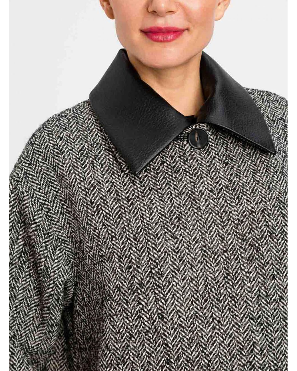 Twinset Gray Single-Breasted Wool Blend Coat With Leather Collar