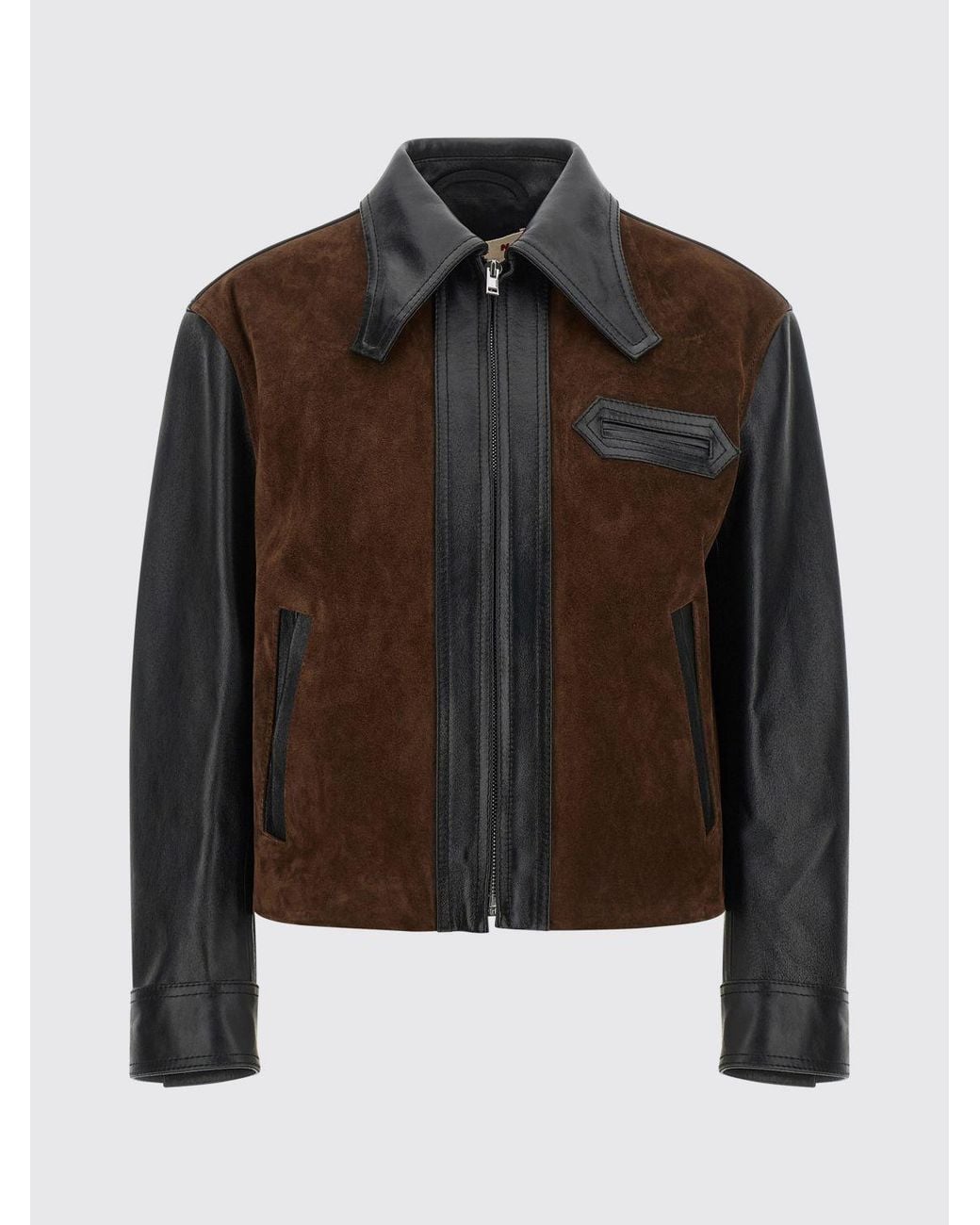 Marni Black Cropped Bicolor Suede Leather Jacket With Zip Closure