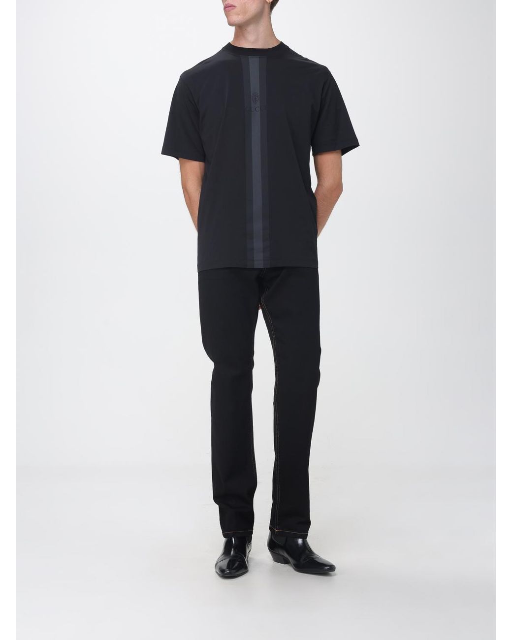 Gucci Black Striped Cotton T-Shirt With Tone-On-Tone Logo for men