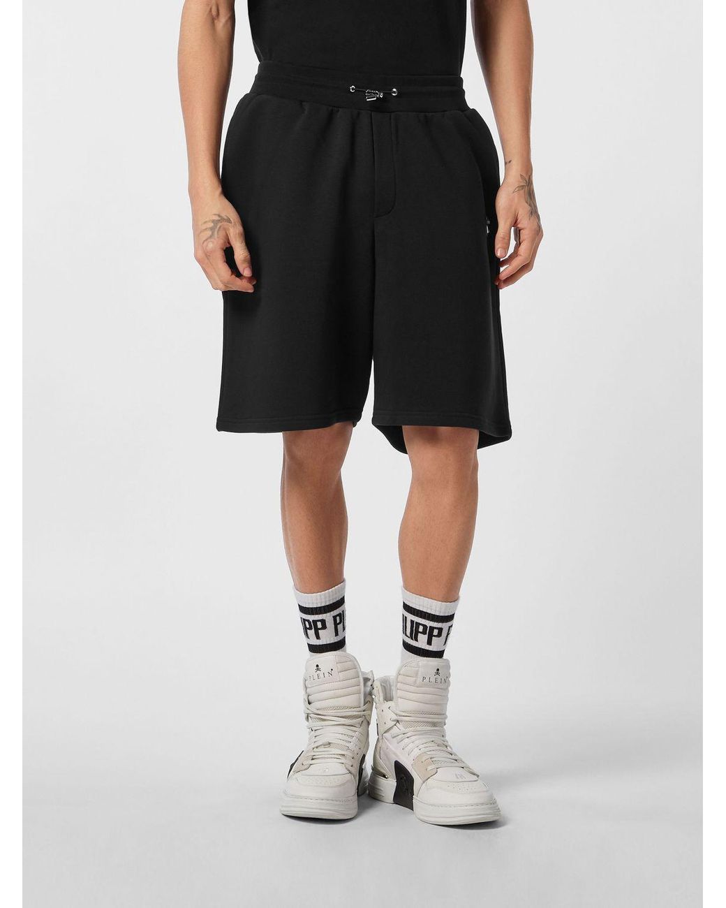 Philipp Plein Black Jersey Sport Shorts With Drawstring And Metallic Logo for men