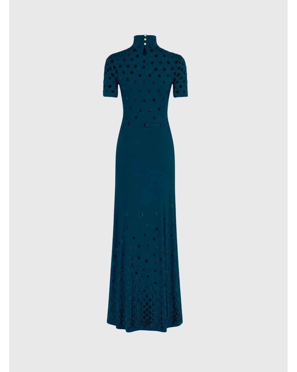Rabanne Blue High-Neck Long Satin Evening Gown With Sequins