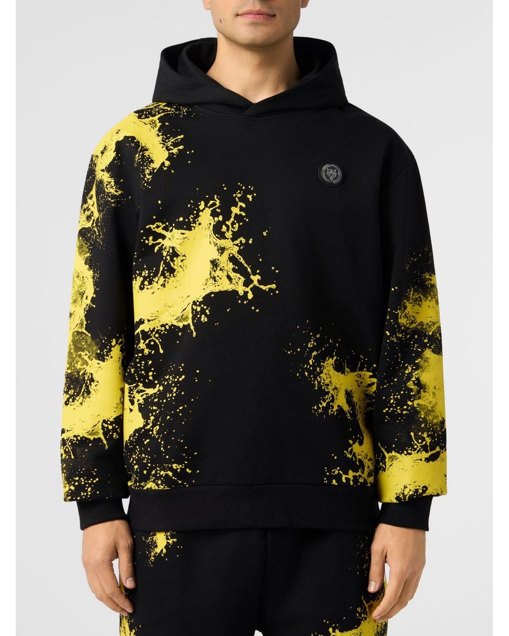 Philipp Plein Black Cotton Hoodie With Abstract Print And Hexagon Logo for men