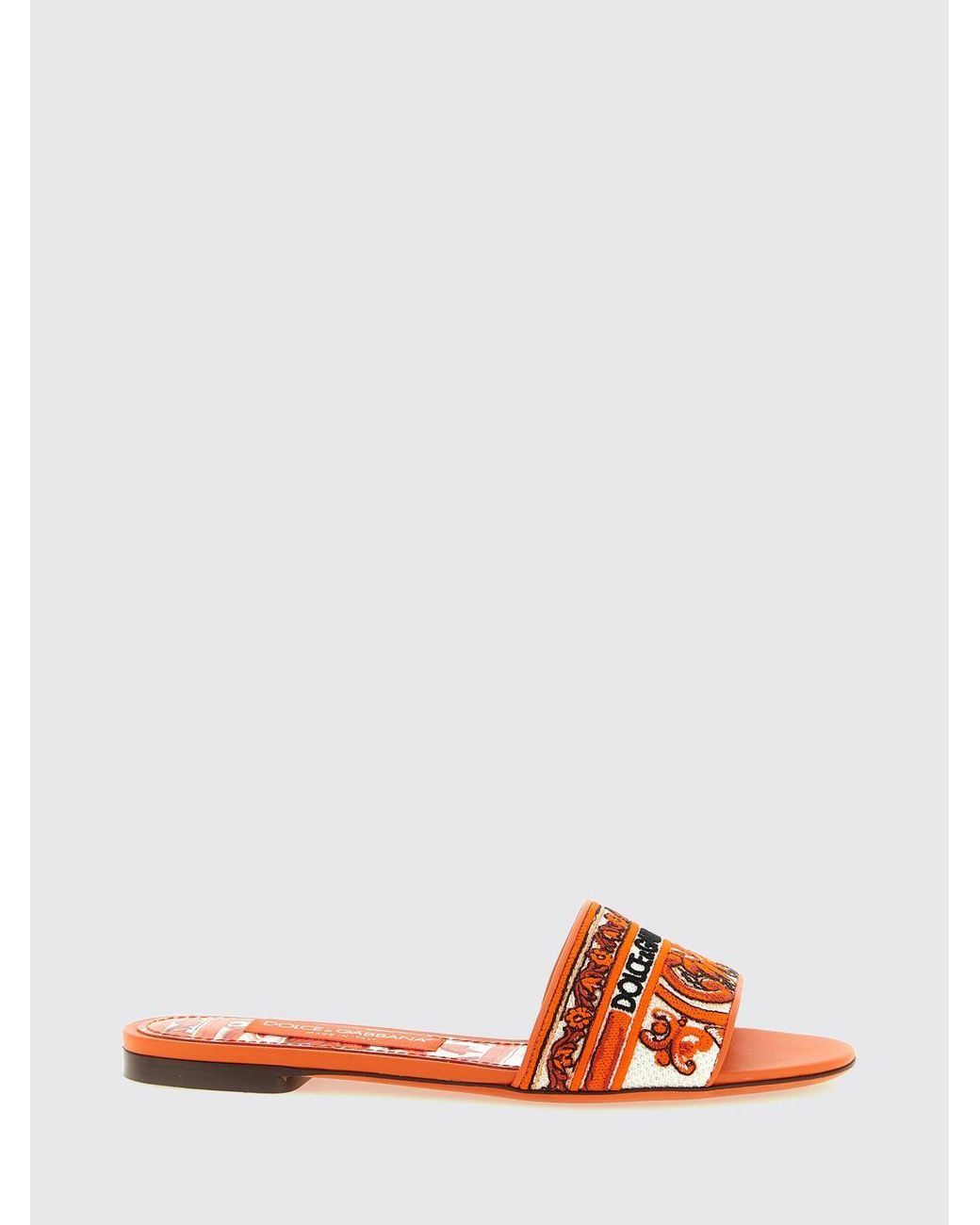 Dolce & Gabbana Orange Dolce &Amp Gabbana Majolica-Print Cotton Flat Sandals With Embroidered Logo